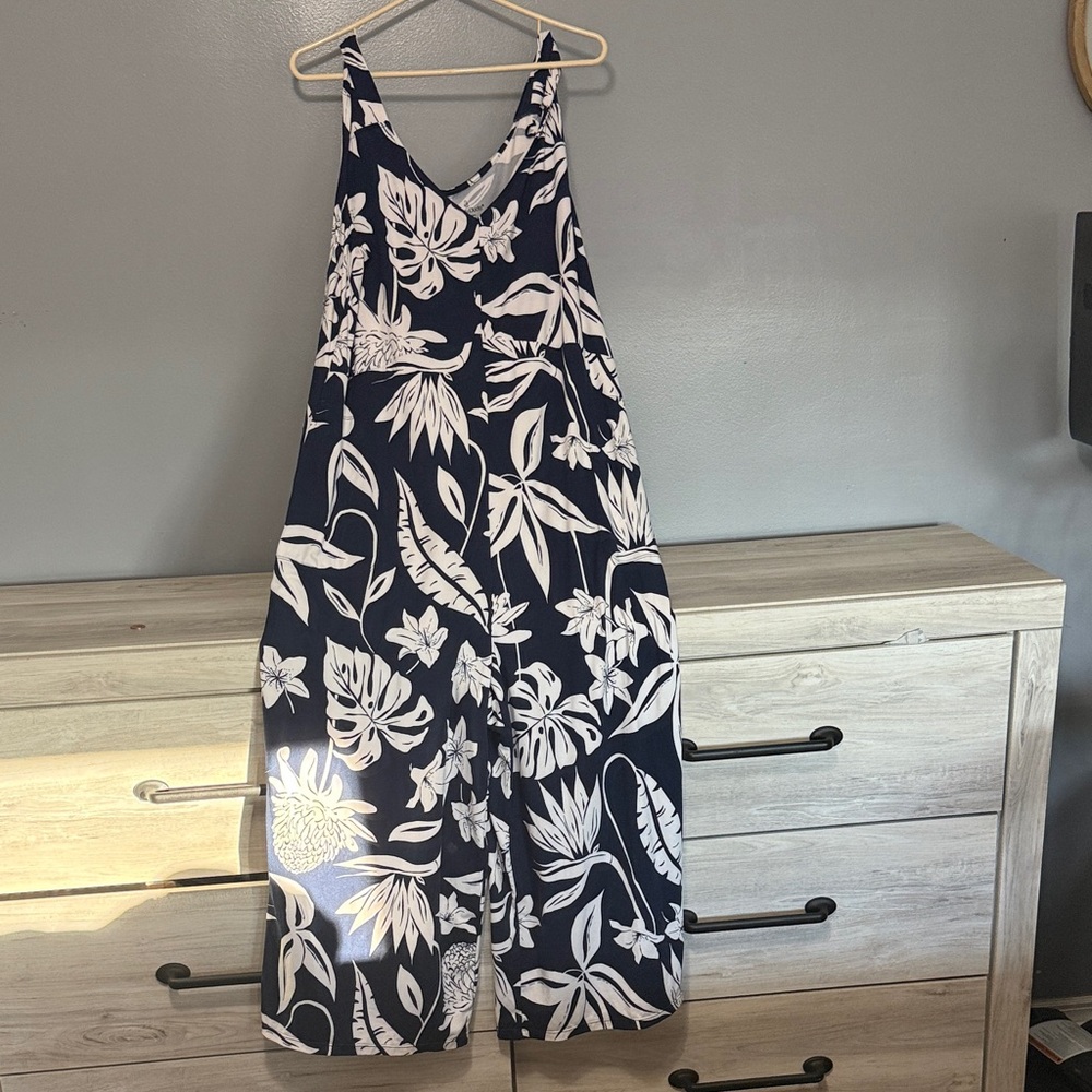 Cuddl Duds Navy and White Floral Jumpsuit